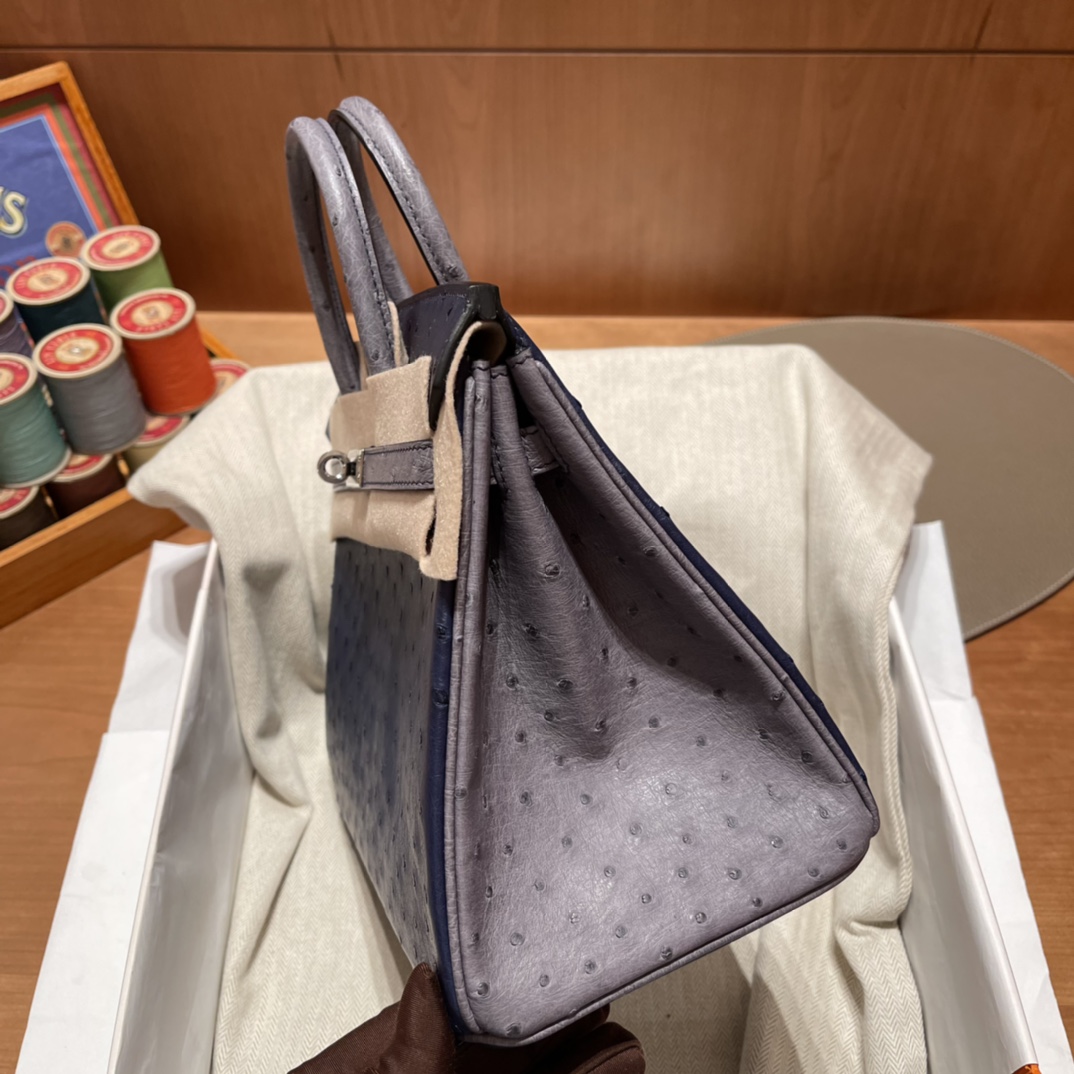 에르메스 버킨백25 몰타블루 그레이 은장 타조가죽